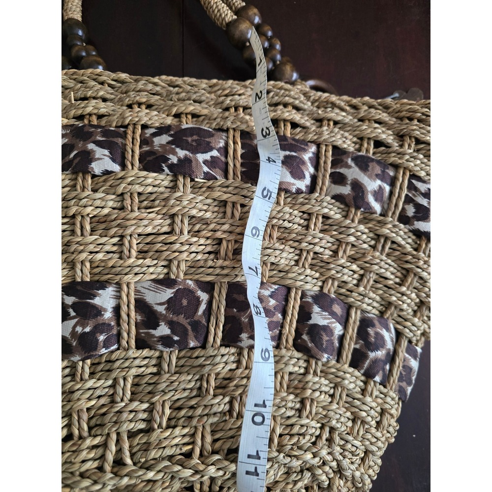 Magid Woven Straw Tote Bag Leopard Print Fabric Panels Wooden Beads Ring Handles - Picture 7 of 9